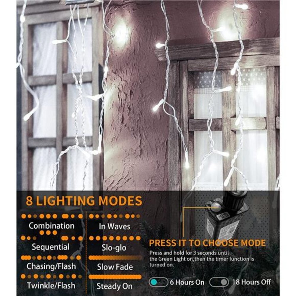 50FT 520LED 8Modes Curtain Fairy String Lights Decor with 120 Drops (Cool White)